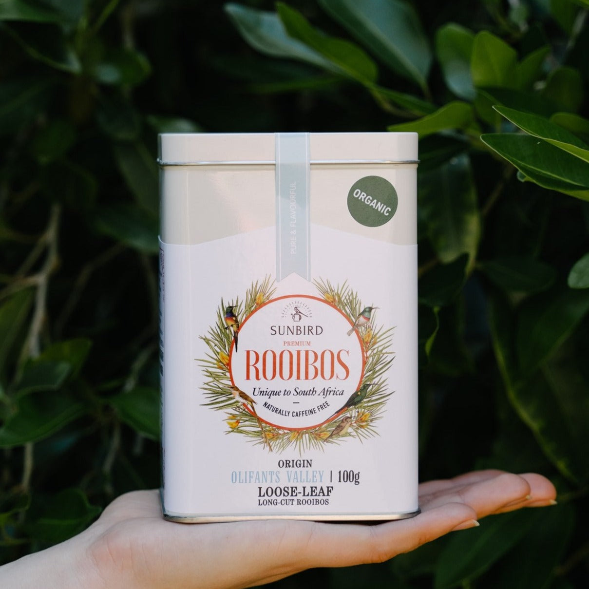 Sunbird Rooibos Olifants Valley loose leaf organic Rooibos is a white tin