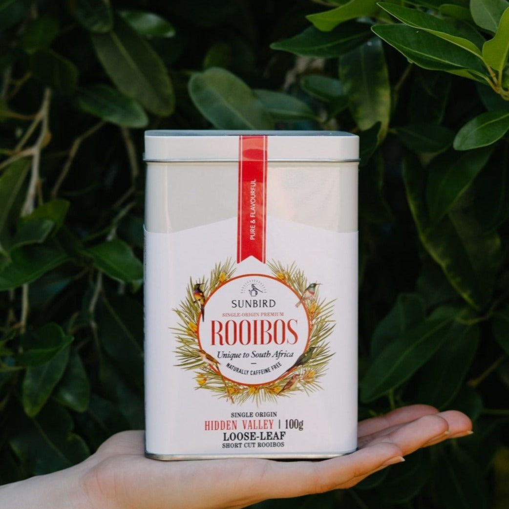 Sunbird Rooibos Hidden Valley llose leaf rooibos in a white tin