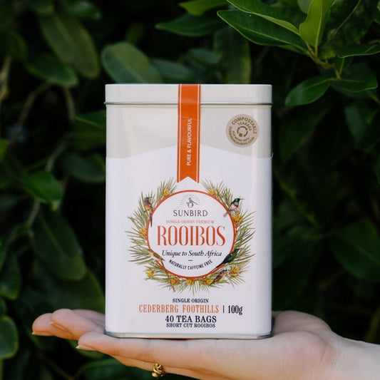 Sunbird Rooibos Cederberg Foothills Rooibos in a white tin