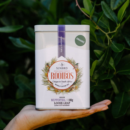 Sunbird Rooibos Organic Wupperthal Rooibos loose leaf in a white tin