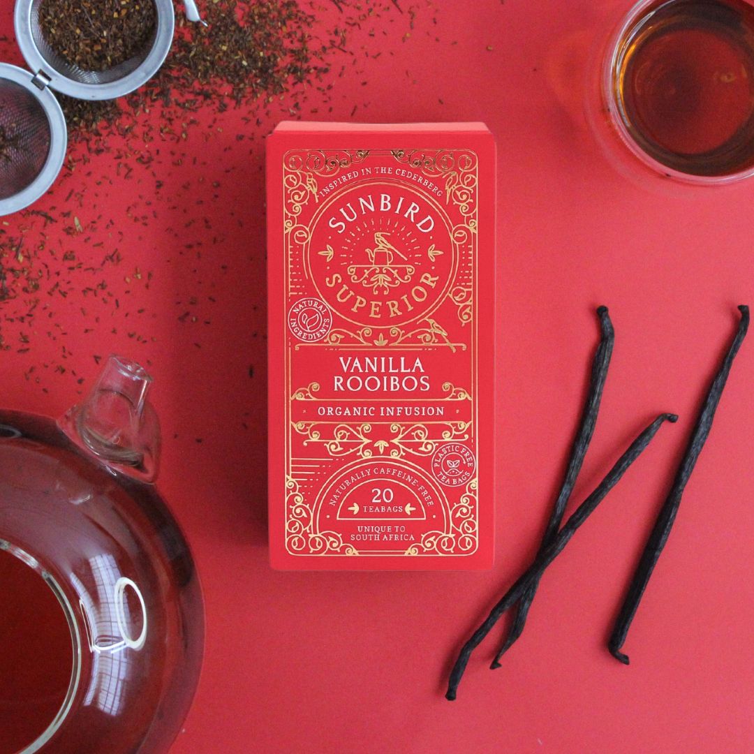 Organic Vanilla Rooibos 50g • 20 Compostable Teabags • Sunbird Rooibos Superior