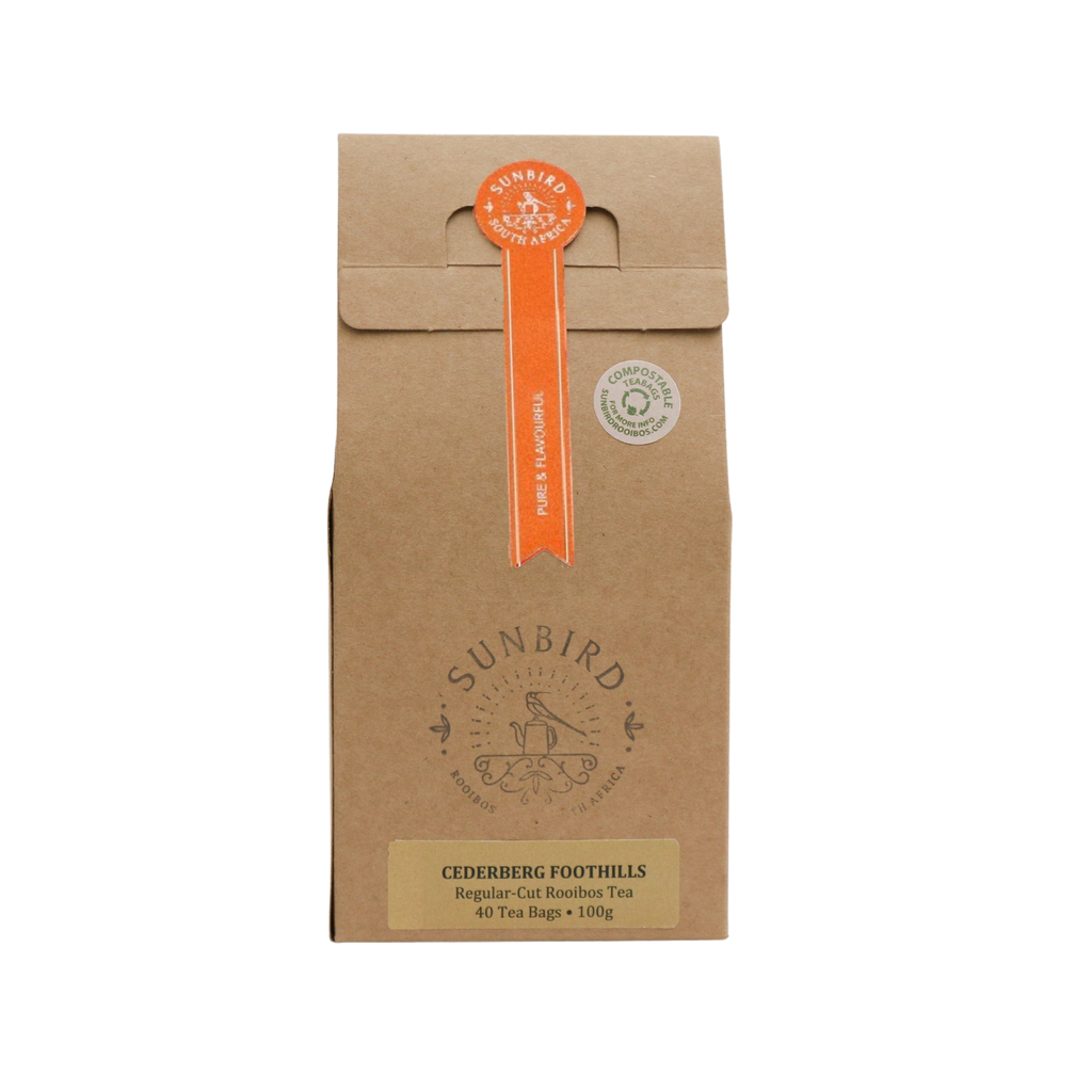 Single origin rooibos from the cederberg foothills region, packaged in carboard box and compostable teabags