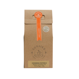 Single origin rooibos from the cederberg foothills region, packaged in carboard box and compostable teabags