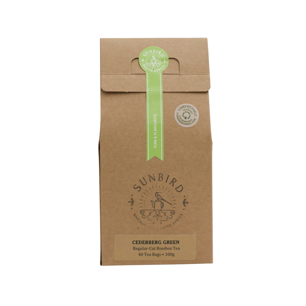 Single origin green rooibos from the cederberg region, packaged in carboard box and compostable teabags