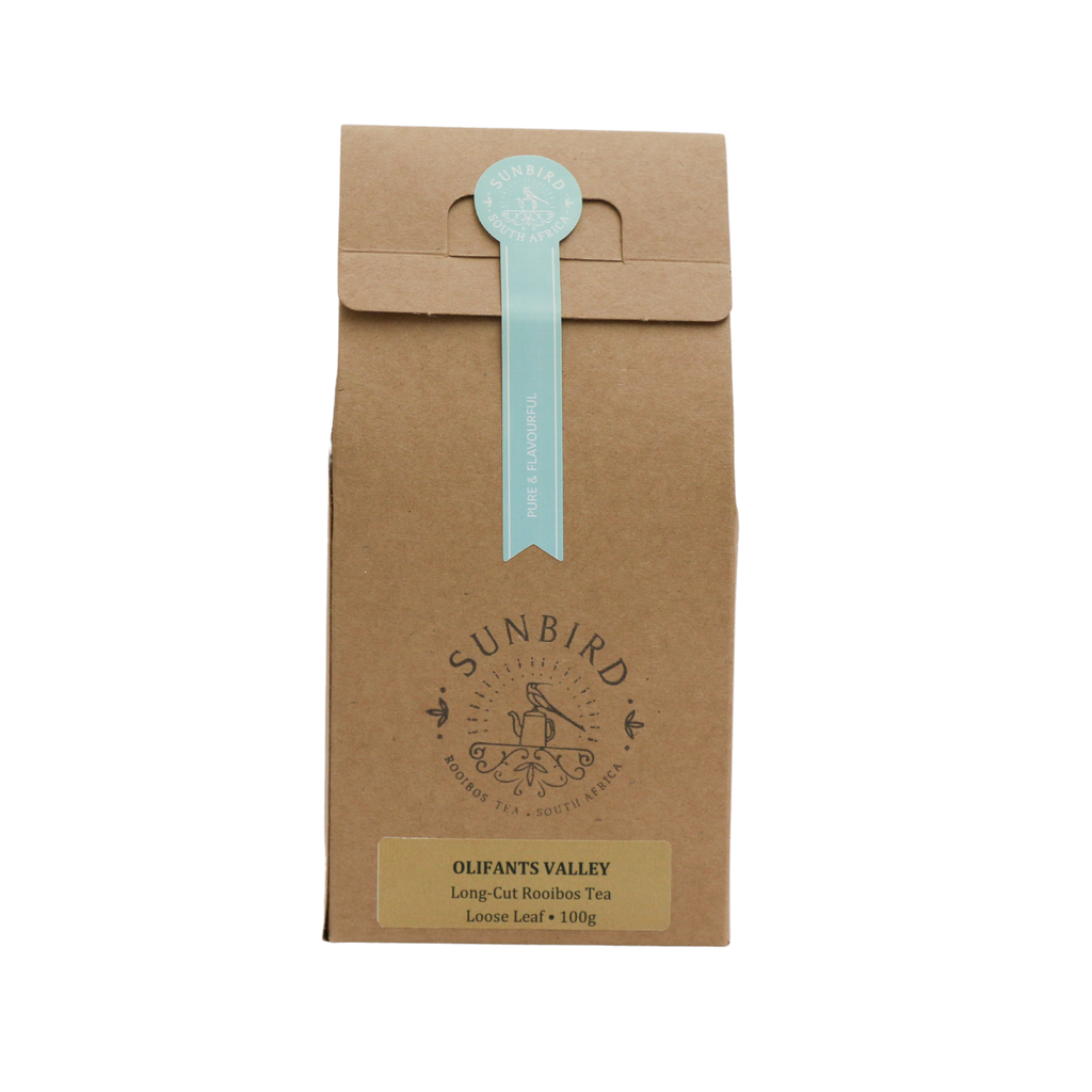Single origin loose leaf rooibos from the olifants valley in the cederberg region, packaged in carboard box and recyclable pouch